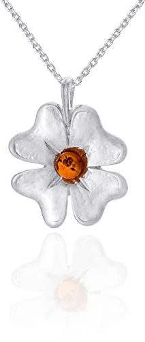 AMBEDORA Collana da Donna con Quadrifoglio, Argento Sterling Lucidato, Ambra Baltica Color Cognac, Ciondolo con Catena, Regalo Per sé, Per la Famiglia e Per Gli Amici