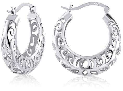 Silver 925 hoop örhängen, silver örhängen filigran ring örhängen ihåliga ovala chunky hoop örhängen silver för kvinnor, små hypoallergena filigran örhängen i sterling silver för kvinnor tjejer