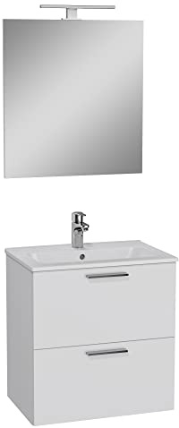 VitrA MIA Waschtisch Set mit Unterschrank, Wandmontiertes Badmöbel-Set mit Waschbecken und Spiegel, Unterschrank in Hochglanz-Weiß, 61 x 59 x 39,5 cm