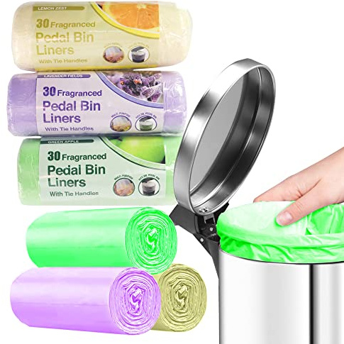 Bolsas de basura con pedal, capacidad de 20 litros, 3 rollos de 30 unidades, 3 colores y fragancias diferentes, asas de amarre para una fijación más segura, duradera y a prueba de fugas