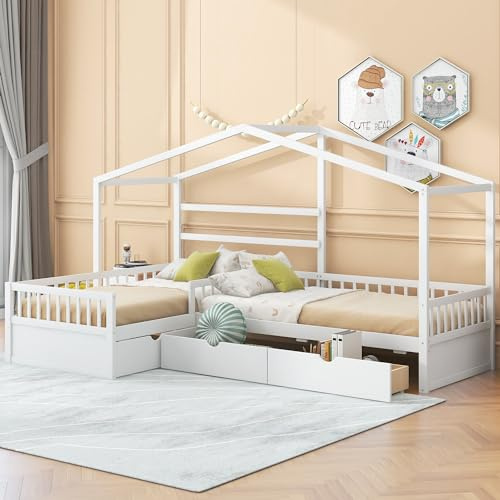 MERITLINE L Shaped Corner Bed for 2 Kids, Double Twin Platform Bed with 3 Storage Drawers, Wooden Montessori Beds with Fence and Roof for Kids