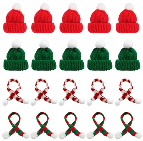 TaimeiMao 40 Stück Mini Weihnachtsmütze und Schal Set,Mini Strickmütze des Weihnachten,Weihnachtsschal Weihnachtsmützen für Weihnachten Weinflasche,Puppenhaus Dekoration (Rot-A)