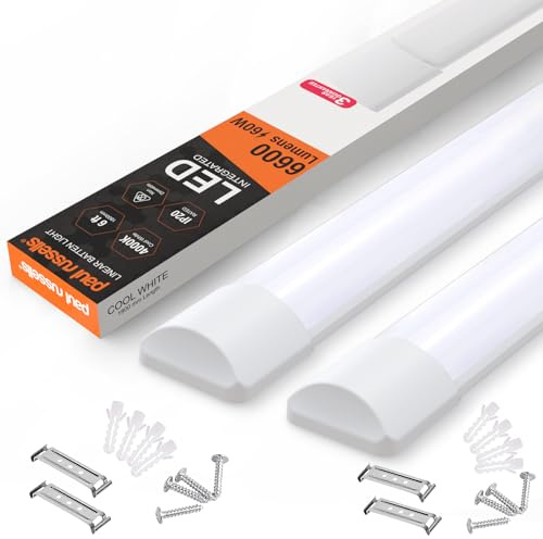 Paul Russell's 6ft LED Batten Light, Ceiling Fitting Tube Light, 4000K Cool White, 60W, 6600 Lumens, Office, Bathroom, Kitchen, Garage, Warehouse Fluorescent Lighting Replacement, 2 Packs