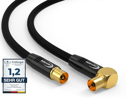 RedStar24 Antennenkabel 10m Schwarz – Stecker zu 90° Gewinkelt Buchse Koaxial – Premium HDTV Koaxialkabel für Kabelfernsehen | TV Kabel: Kompatibel mit TV, Radio, DVB-T/T2, DVB-C, DAB