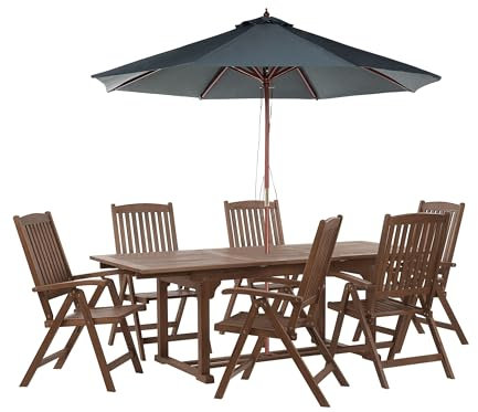 Beliani Gartenmöbel Set Holz Dunkelbraun Ausziehtisch 6 Stühle Schirm grau Amantea