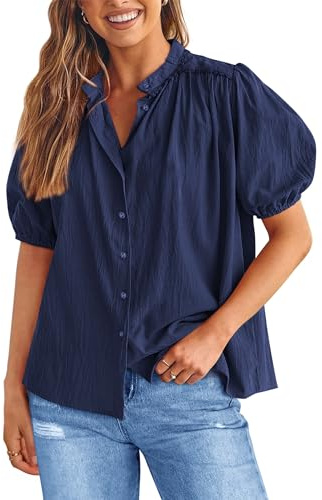 PRETTYGARDEN Women's Summer Button Down Shirts Short Lantern Sleeve V Neck Cotton Cute Dressy Casual Ladies Tops Blouses (Navy,Large)