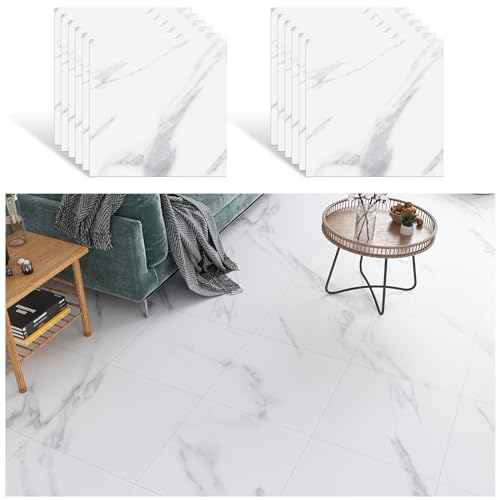 VEELIKE PVC Boden Marmor Weiß Vinyl Fliesen PVC Bodenbelag Selbstklebend Bodenfliesen Fliesenaufkleber Boden Küche Klebefliesen Bad Boden Küchenfliesen PVC Fliesen Garage 1.5mm 30cm×30cm 12 Stück