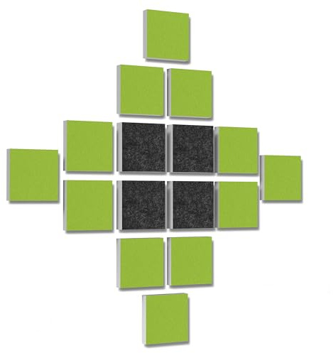 platino24 Wandbild Quadrate 16-teilig I 3D-Set Colore Quadrat 27,5 x 27,5 cm Multicolore I Basotect ® G+ Akustikpaneele mit Akustikfilz I Schalldämmung für Wand & Decke I Anthrazit & Hellgrün