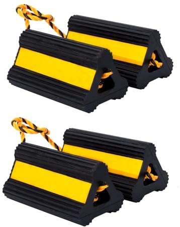 Tiousmoky Wheel Chock Heavy Duty Rubber Trailer Wheel Chocks with Yellow Reflective Visibility Tape and Yellow Nylon Rope for Concrete Slopes or Ground Leveling (4 Pack)