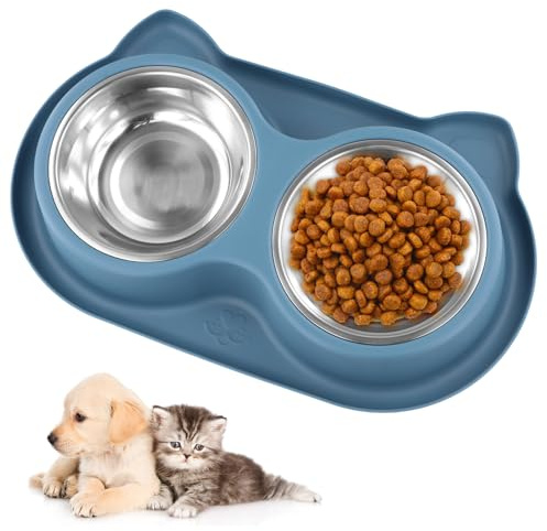 Anseom Doppel Haustier Fressnapf Katzennapf mit Edelstahl rutschfest Haustier Futternapf Doppel Futterstation Wassernäpfe für Hunde Katzen Welpen Haustiere (Blau)