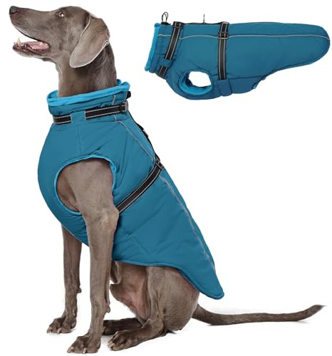 Lelepet Hundemantel für den Winter, Warme Hundejacke mit integriertem Geschirr, Winddicht Mantel mit Fleece Gefüttert für Hunde, Reflektierende Hundeweste für Kaltes Wetter, Blau XL