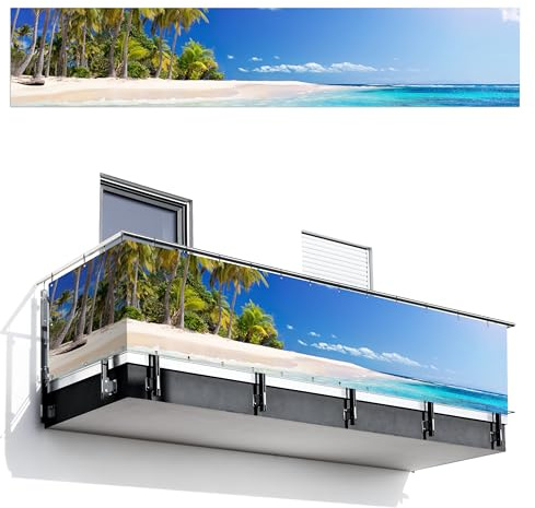 MuchoWow© Balkon Sichtschutz Einseitig Groß Terrassen Gartenzaun | 100x500 cm - Balkonfächer ohne bohren Wetterfest für Zaun Terrasse Balkonbespannung Seitenschutz Strand - Meer - Palme