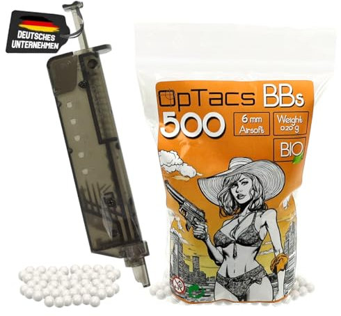 Set OpTacs Airsoft BBS Softair Kugeln 6mm 500 Stück Premium Bio BB 0,20g biologisch abbaubar + Speedloader transparent für 110 BBS