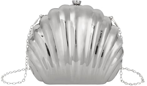 MilyaDE Metallisch Muschel Clutch Damen Mini Glänzend Handtasche Geldbörse Schultertasche Umhängetasche mit Ketten, Silber