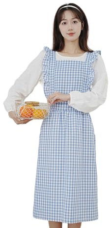 TTYAO REII Delantal de trabajo con espalda cruzada para mujer, con bolsillos, delantal de algodón a cuadros, vestido de pinafore para hornear jardinería, Azul, M