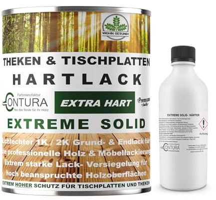 Contura Hartlack 2K Lack Thekenlack Seidenglänzend Tischplattenlack Theken Holzlack Klarlack Set mit Härter Contura Zweikomponenten Lack farblos (Transparent, 750ml.)
