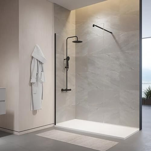 Box Doccia Walk-In 100 cm Altezza 200cm Parete Fissa Vetro Temperato Trasparente da 10mm con Trattamento Anticalcare Braccio Telescopico SUS304 Profili Alluminio Nero Opaco