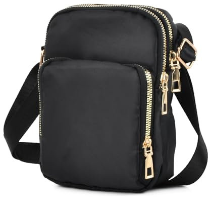 Amexo Crossbody Phone Bag for Women Nylon Side Bags with Adjustable Strap Small 3 Layers Zipper Shoulder Bags for Ladies Multifunctional Purse Wallet for Women and Men