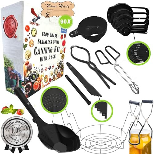 Supa Ant Black Canning Supplies Starter-Set, 10-teilig, Dosenzubehör mit Einmachgestell für Gläser, XL-Schöpfkelle, breiter Öffnung, Glasheber und Schraubenschlüssel, Blasen-Druckknopf/Messer
