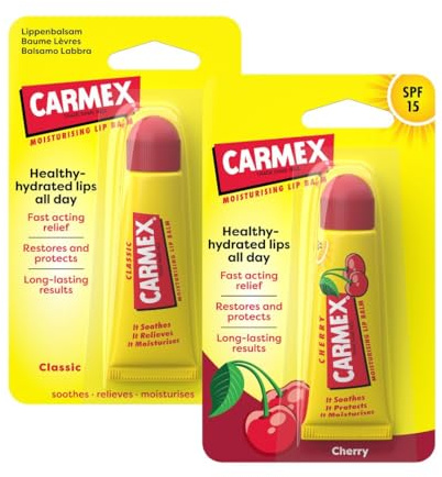 Carmex Feuchtigkeitsspendender und beruhigender Lippenbalsam, Packung mit 2 Lippenbalsam, bestehend aus klassischer Tube und Tube Kirsche