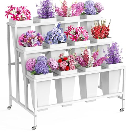 Asee'm Flower Display Stand with 12 Buckets, 3 Layer Metal Flower Bar Stand with Wheels Heavy Duty Moving Flowers Cart Display Bloom Bar for Florist Indoor Outdoor Patio Garden Wedding Dector White