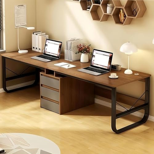Escritorio doble grande con 3 cajones para oficina en casa, mesa de juegos y estudio, escritorio de madera doble para computadora (nogal, 200 cm)