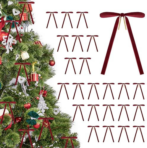 BTSD-home 24 Pcs Burgundy Velvet Bows for Christmas Tree Red Vintage Christmas Ribbon Ornaments with Twist Ties for Xmas Wreaths Garlands Door Home Decor Gifts