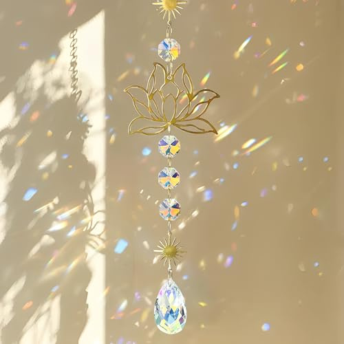 attrape-soleil en forme de fleur de lotus avec prisme en cristal - Élégant attrape-soleil en laiton pour la décoration de fenêtre, le bureau ou la voiture