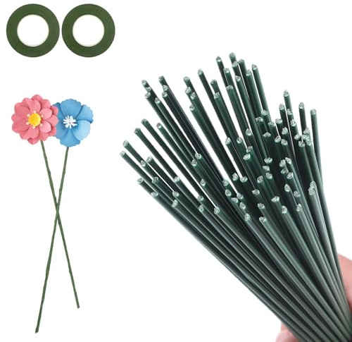 Sploziia 50 Stück Blumendraht Grün - Floristendraht 30cm Langer Draht 2mm Pfeifenputzer Zum Basteln Mit 2 Rollen Klebeband Für DIY Blumenarrangements Und Künstliche Blumengirlanden