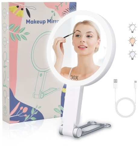 Colexy Kosmetikspiegel mit Beleuchtung, 30X/1X Vergrößerungsspiegel Doppelseitig, Wiederaufladbarer Schminkspiegel mit Licht, Handspiegel & Tischspiegel für Reise und Zuhause, Weiß