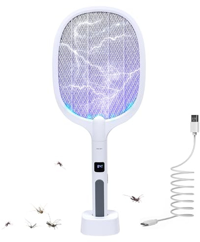 Fly Swatter Electric, 1200mAh Rechargeable Bug Zapper Racket 3500V with Attractant LED Light, Handheld & Standing Insect Zapper Racket Fly Catcher for Indoor Outdoor Camping