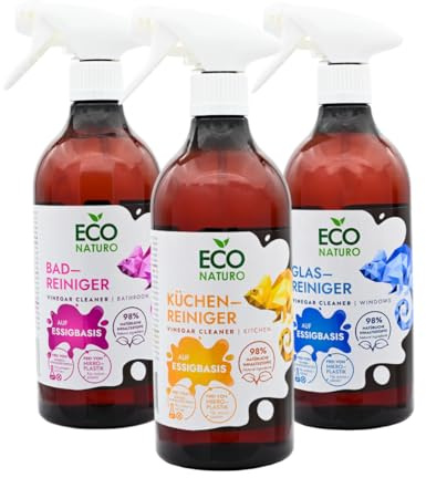 EcoNaturo Reinigungsset – 3 Reinigungsmittel auf Essigbasis (Küche, Bad, Fenster), 3 × 750 ml (insgesamt 2250 ml) – natürliche universelle Reinigungsmittel auf Essigbasis – mit Essigs