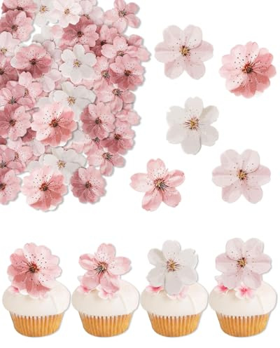 HUVZOR Fiori di ciliegio commestibili, 50 pezzi, fiori commestibili per torte, fiori di ciliegio rosa, decorazione per torta commestibile, 2D, decorazione per torte di compleanno, matrimonio