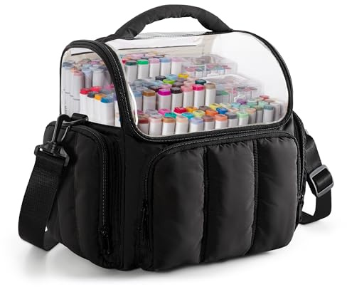 Rexmica Große Aufbewahrungstasche für 210 Marker Stifte, Gepolsterte Marker-Organizer-Tasche mit Schultergurt für Erwachsene, Künstler, Lehrer und Malbegeisterte, Schwarz (Leerer Beutel)