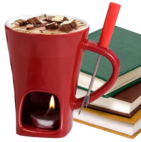 Chocolate Fondue Mug with Forks, Chocolate Melting Cup, Ceramic Butter Warmers Pot Set, Personal Cheese Fondue Heated with A Tealight, Warmer Mug for Candy Snack Caramel Party Family Gatherings