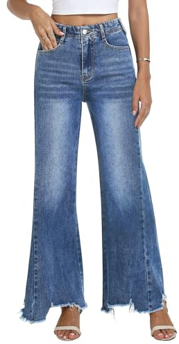 Fengbay Women Stretchy Flared Jeans Mid Rise With Frayed Hem Pockets