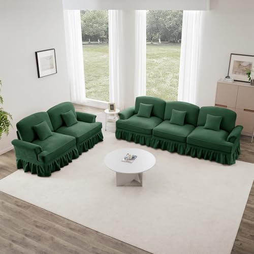 EURHCIO Canapé 3 Places et 2 Places en Chenille,Ensemble Canapé Salon,avec Jupe à Volants Amovible et Accoudoirs évasés,pour Salon,Bureau et Appartement (Vert, 3 Places+2 Places)