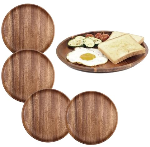 Plateau Rond En Bois d'Acacia,Plateau Bois,4pcs Plateau De Service Rond En Bois Naturel,Diamètre 25cm,Naturel,Brun,Un Grain Unique,Facile à Nettoyer,Pour Plats,Collations,Desserts,Assiettes Classiques