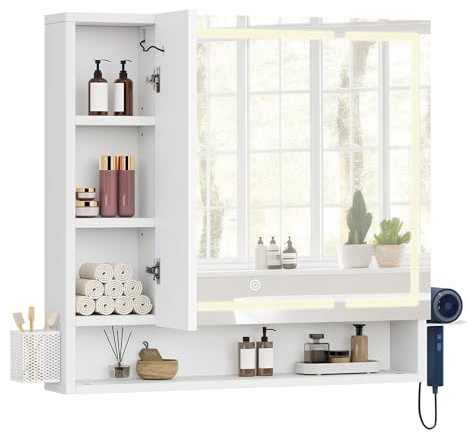 YITAHOME Spiegelschrank Bad mit Beleuchtung, LED Badezimmer Spiegelschrank mit 3 Türen, Steckdosen, Wandschrank, Badezimmerspiegel, hängender Badezimmerschrank, 80W x 15D x 75H cm, Weiß