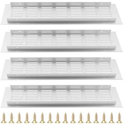 BEASAFY 4 unidades de rejilla de ventilación color plateado, 8 x 30 cm, rectangulares, de aluminio, rejilla de ventilación para puertas con tornillos, rejilla de ventilación para armarios y radiadores