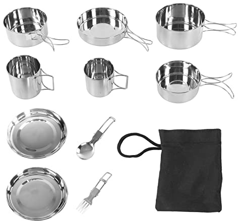 Juego de utensilios de cocina para acampar, 12 piezas, juego portátil de olla y taza de acero inoxidable 304 con asas plegables para picnic al aire, acampada, montañismo y pe
