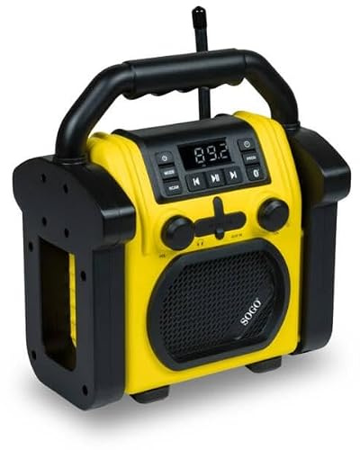 Radio Portátil Recargable para Construcción 9W – Radio de Obra Resistente con Bluetooth, FM, USB, Batería Recargable, Asa de Transporte y Protección Antigolpes