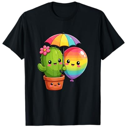Simpatico Cactus Kawaii con Arcobaleno Palloncino Ombrello Orgoglio Maglietta