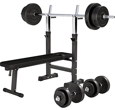 GORILLA SPORTS® Hantelbank - inkl. Hantelset 38/70/100kg, Ablage, Dip-Station, Höhenverstellbar, Klappbar, bis 200kg, Schwarz/Weiß - Trainingsbank mit Langhantelset, Drückerbank, Schrägbank, Flachbank