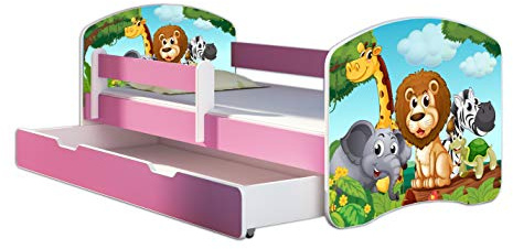 Kinderbett Jugendbett mit einer Schublade und Matratze Rausfallschutz Rosa 70 x 140 80 x 160 80 x 180 ACMA II (02 Animals, 80 x 180 cm mit Bettkasten)