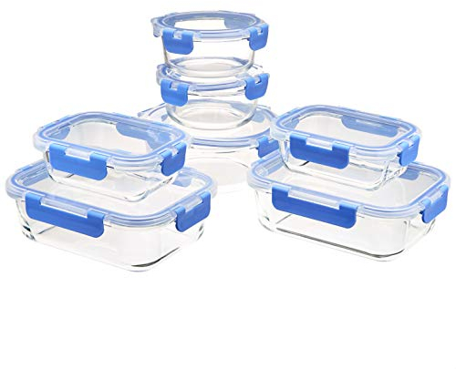 Amazon Basics Contenitori in vetro per alimenti con coperchi bloccabili, 14 unità, 4 contenitori rettangolari, 3 contenitori rotondi, senza bisfenolo A Trasparenti Con Anelli In Silicone Blu