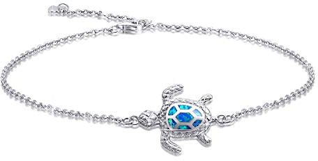 AMIGUO Bracelet de cheville tortue de mer opale bleue bijoux de cheville en argent Sterling pour femmes cadeaux cheville réglable à 4 niveaux (grand bracelet)