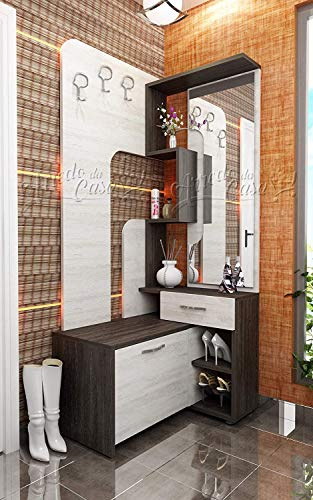 ARREDO DA CASA Mobile Ingresso Appendiabiti Ad Angolo Con Specchio Cassetto Mobiletto Ripiani E Ganci Attaccapanni Per Entrata Wengè Naturale E Bianco Legno IU9