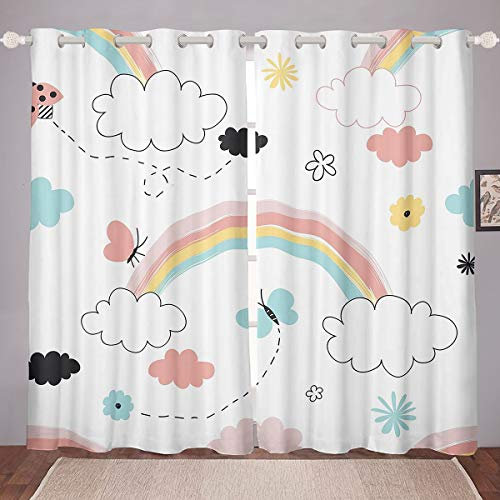 Loussiesd Tende per finestre con stampa arcobaleno per ragazze, motivo cartone animato, tenda colorata per bambini, adulti, trattamenti per finestre, ultra morbide, nuvole, stampa floreale, W46 x L54