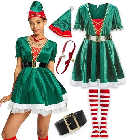 IKALI Femmes Costume De Noël Santa Elf Robe Roleplay Cadeau De Fête Adulte Fantaisie Dress Up Outfit avec Chapeau Ceinture Chaussette Collier